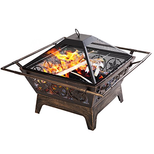 MeraxÂ 32Â InchÂ SquareÂ PatioÂ GardenÂ FireÂ PitÂ withÂ GrillÂ Bronze and Black Bronze and Black